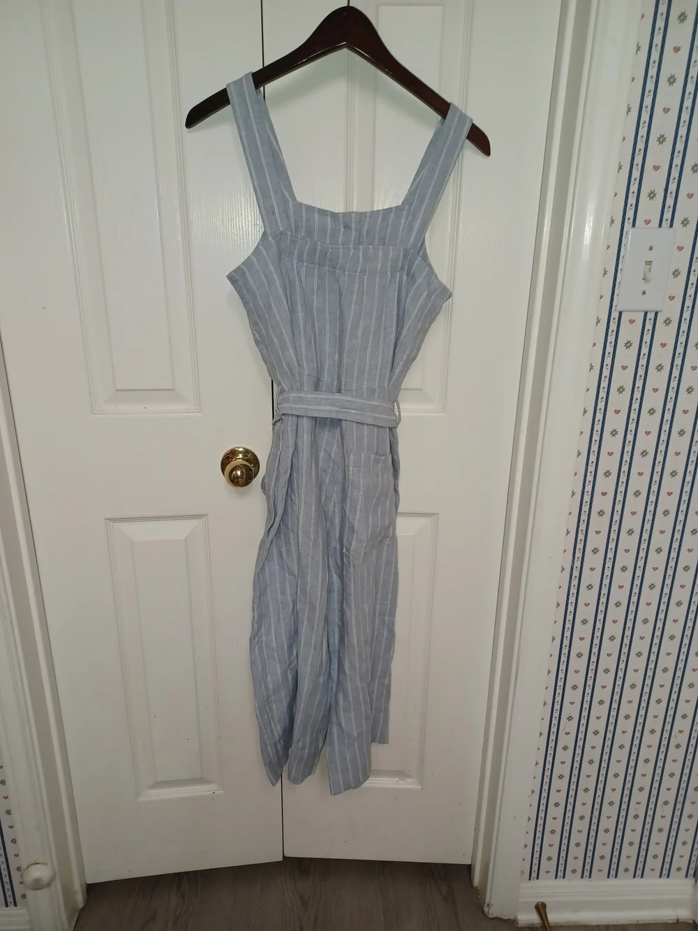 Everlane Striped Light Blue Linen-Blend Jumpsuit with Tie Waist